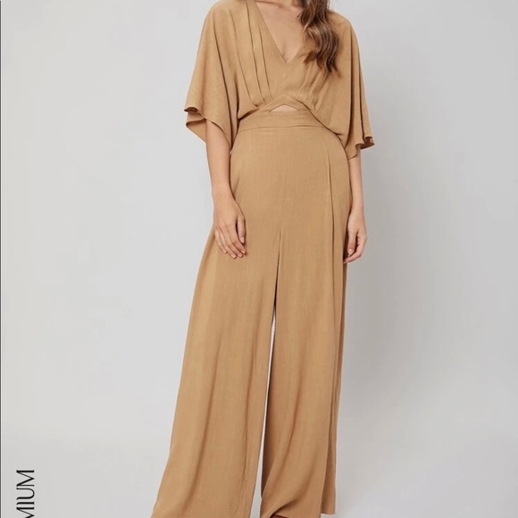 SHEIN Motif Linen Batwing Sleeve Jumpsuit Brown